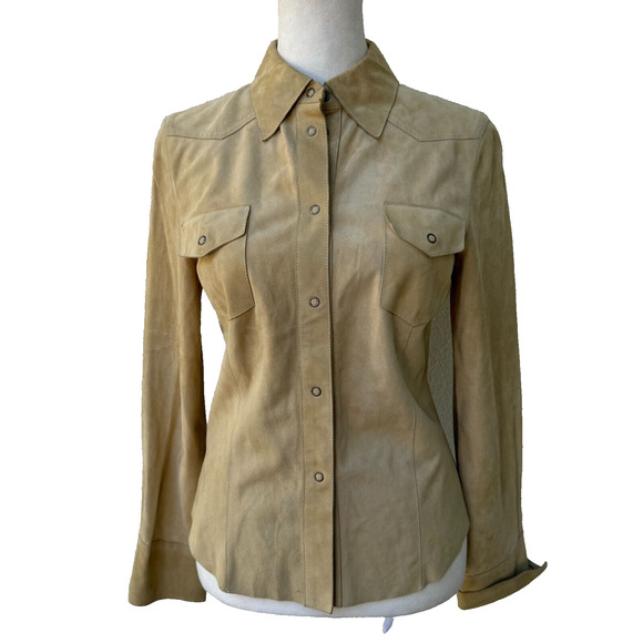 Gucci Suede blouse button snap Size 38 Women's Tailored Fit western classic tan - Picture 1 of 11